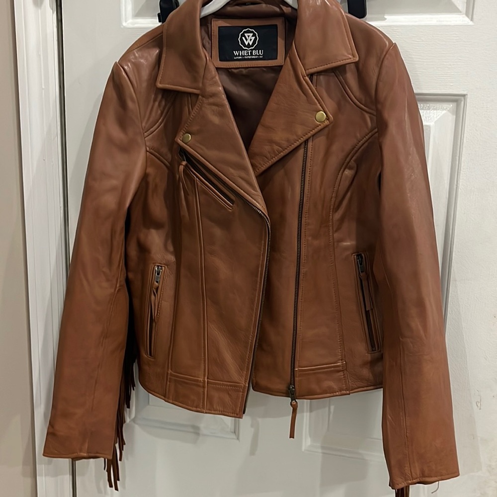 Whet Blue size medium cognac leather moto w fringe